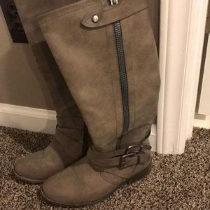Grey knee high boots